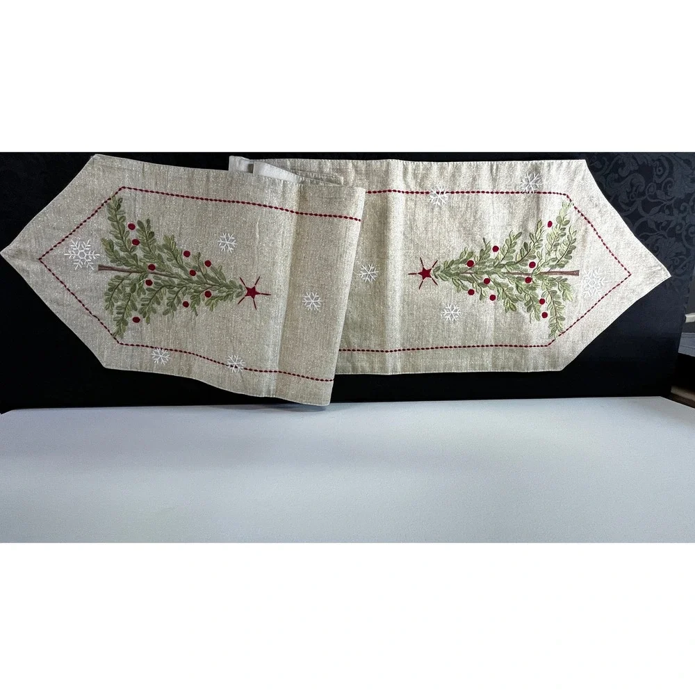 Christmas Tree Embroidered Table Runner Gold Metallic Snowflakes Neutral 72